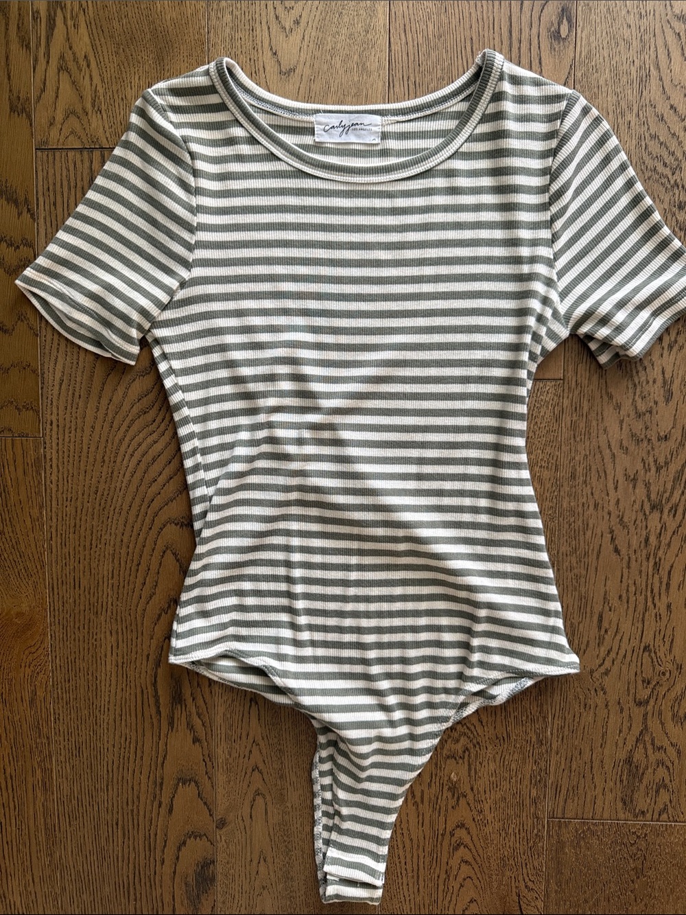 Carly Jean Los Angeles Striped Short Sleeve Ribbed Bodysuit - Olive & White